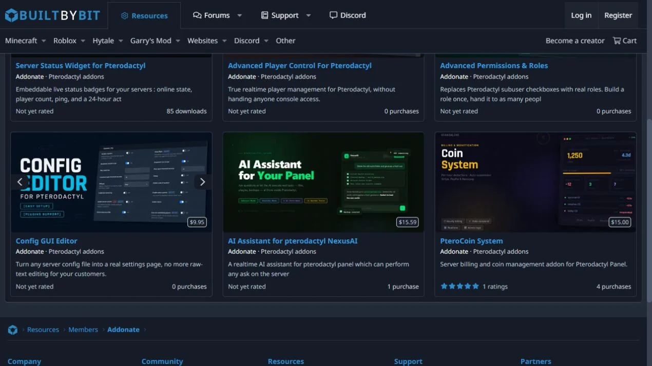 Addonate Config GUI Editor, NexusAI and PteroCoin product listings