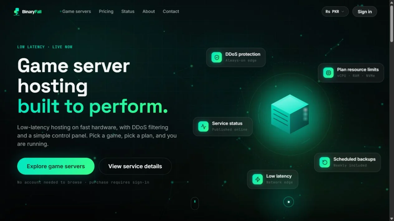 BinaryFall live game server hosting website