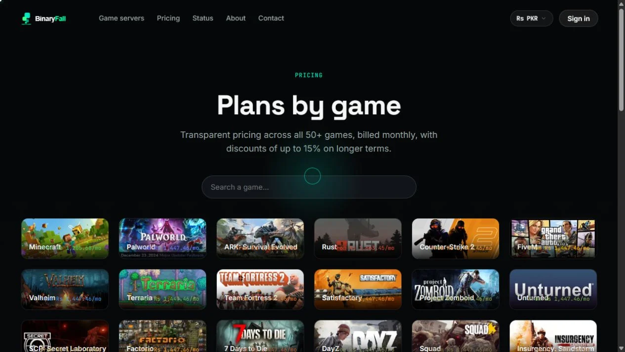 BinaryFall game catalogue and plan discovery